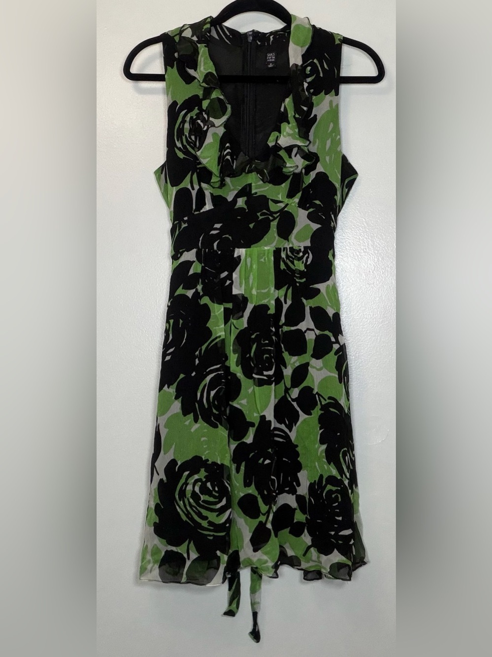 Saks Fifth Avenue Green and Black Silk Floral Midi Dress